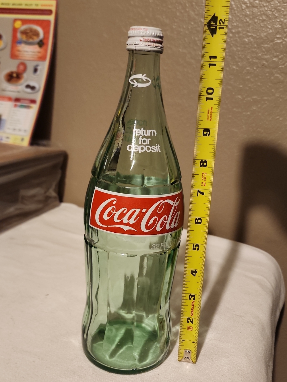 Coca Cola Green Glass Bottle with Red Logo 32 Oz. 70's